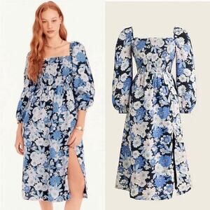 J Crew NWT Linen Daydream Midi Dress Side Slit in Navy Blue Zinnia Floral Medium